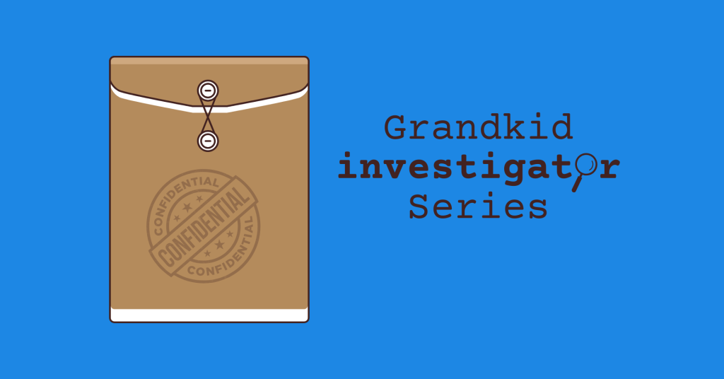 Grandkid Investigator Series event banner with an brown envelope marked "confidential"